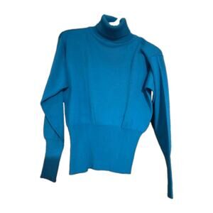 VTG 80s Meister Turtleneck Sweater Wool Blend Womans Sz Med Cinched Waist Aqua